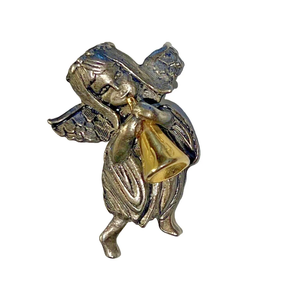 Vintage pewter angel with gold tone horn pin necklace signed D.M. 95